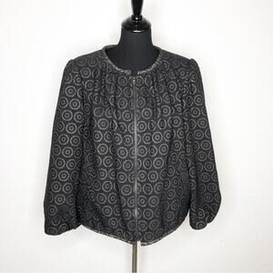 Trina Turk black metallic geometric floral full zip balloon sleeve blazer XL NWT